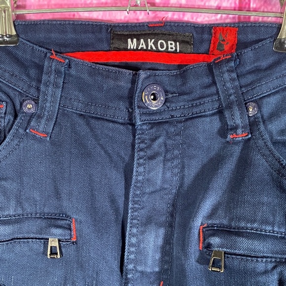 Makobi Moto Jeans 36x34 Navy Mens Distressed Slim Fit Biker Denim Pants Stretch - Picture 2 of 15